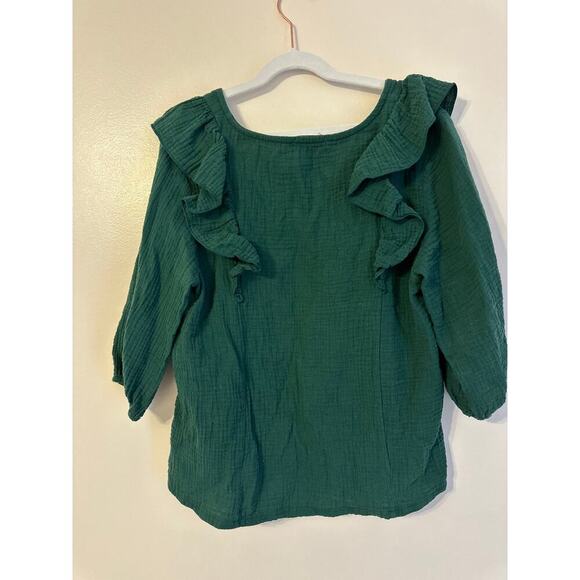 Evereve Francine Ruffle Gauze Emerald Green 3/4 Sleeve 100% Cotton Blouse XS - Picture 3 of 7